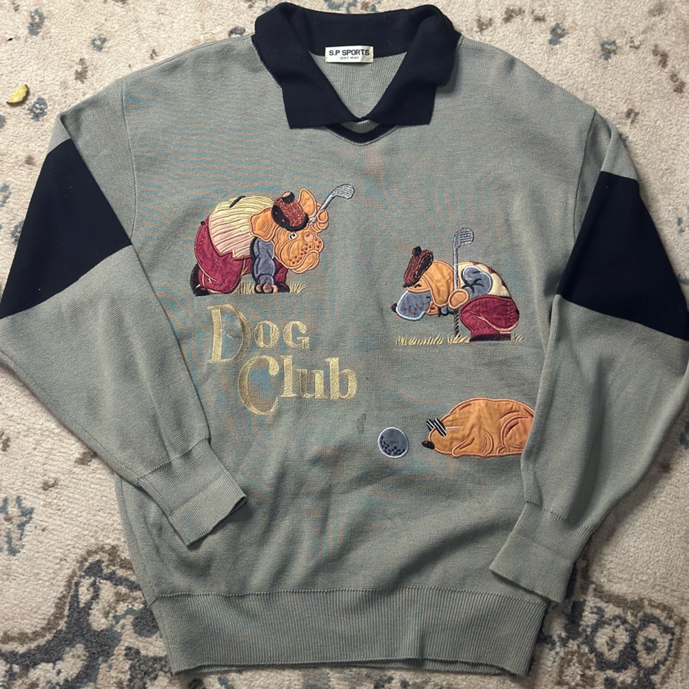 Gray and Black Crewneck Sweater with Cartoon dogs playing golf